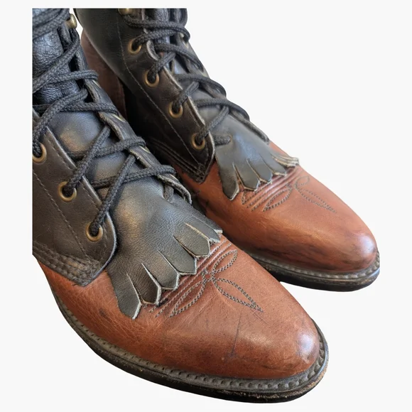 Vintage Lace-Up Western Roper Cowboy Boots | Two-Tone Made In USA | Size 7.5 - Picture 4 of 8